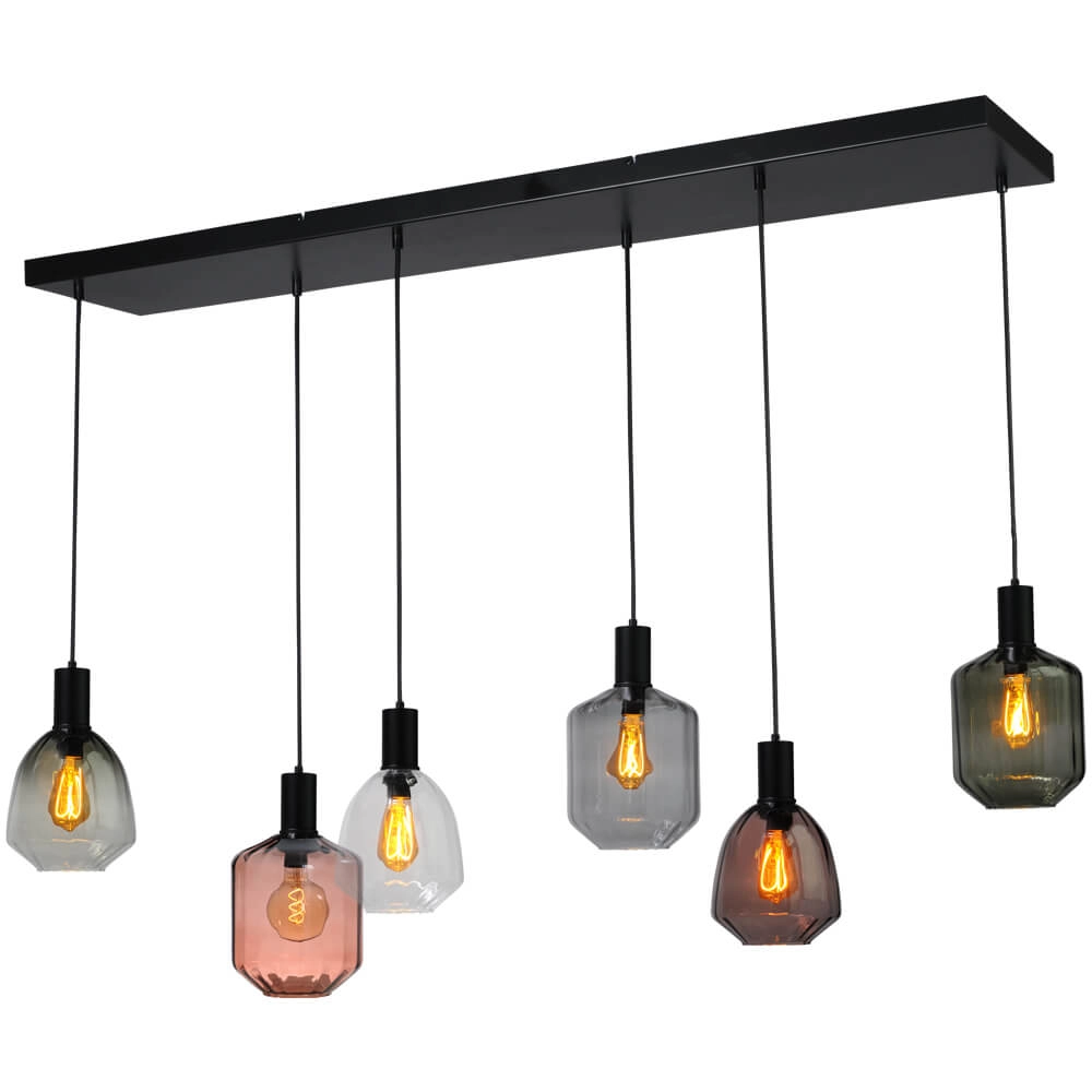 6-light hanging lamp - black - Porto with different glasses