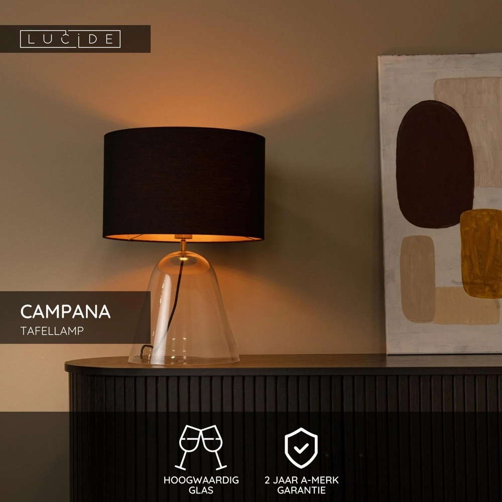 Table lamp Campana glass with black shade 25cm Lucide 5411212345813