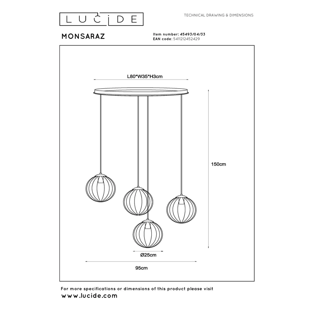 4-light pendant lamp Monsaraz Green and amber glass Lucide 5411212452429