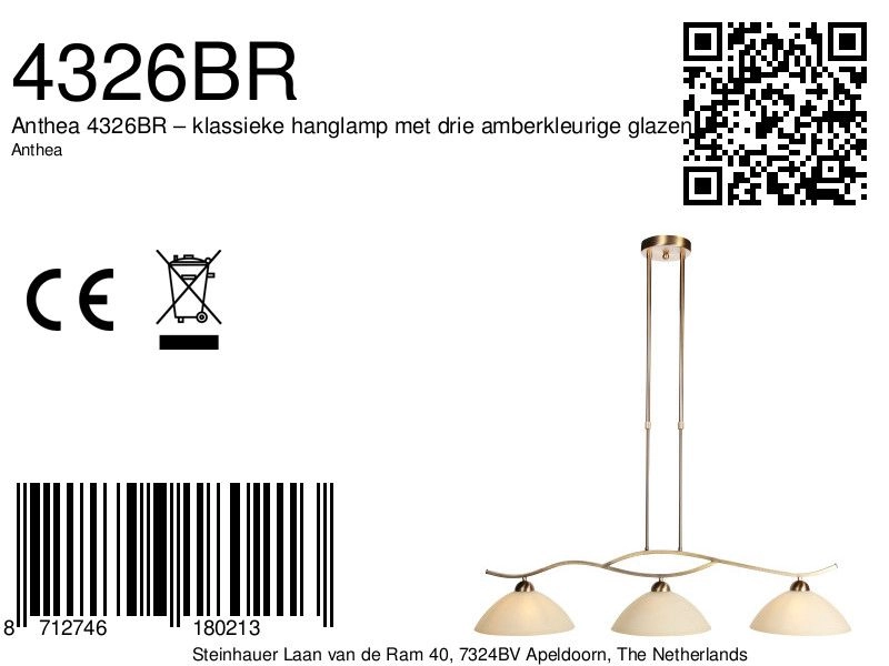 Classic pendant lamp Anthea 3-light bronze Steinhauer 8712746180213