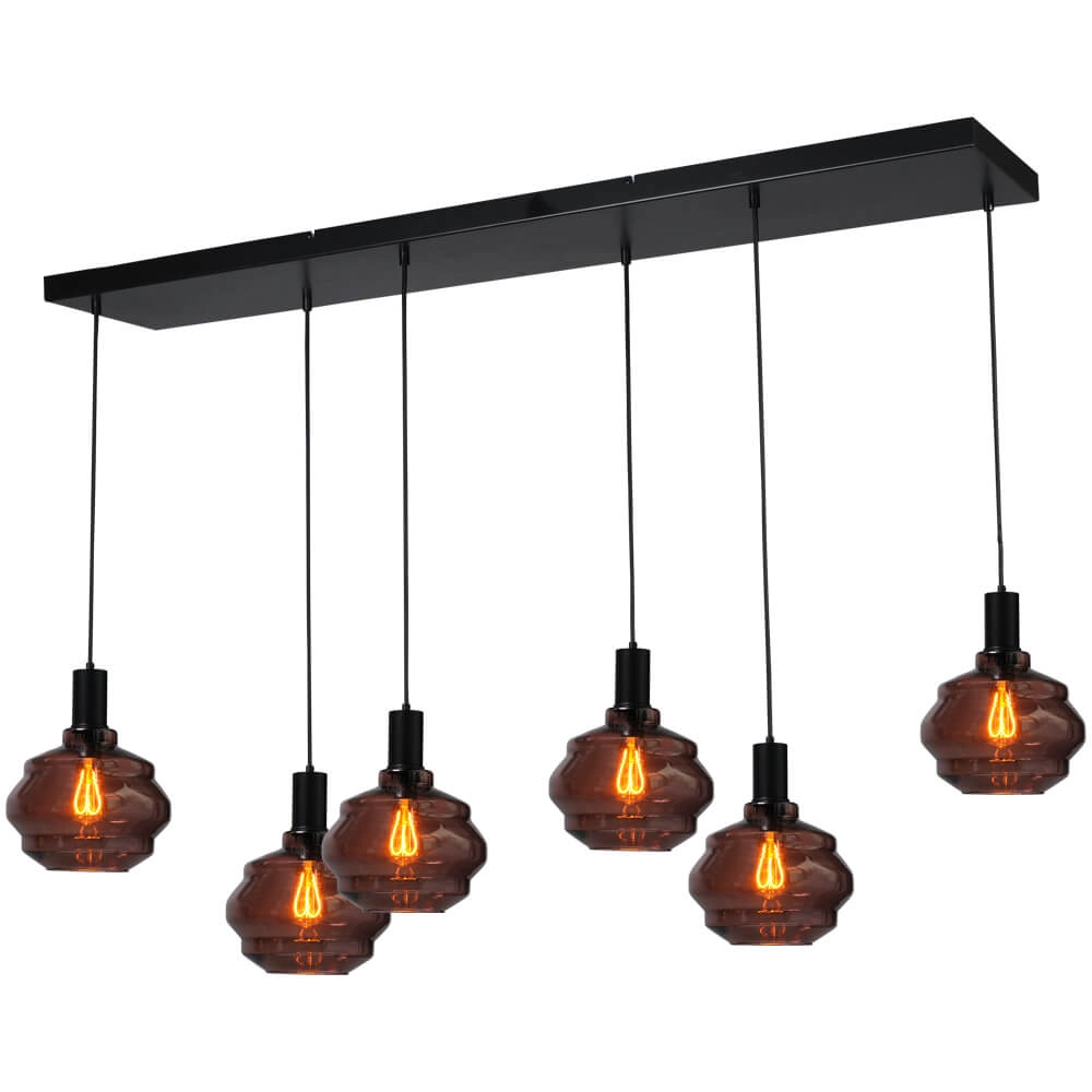 6-light hanging lamp - black - Porto with Ball red glasses
