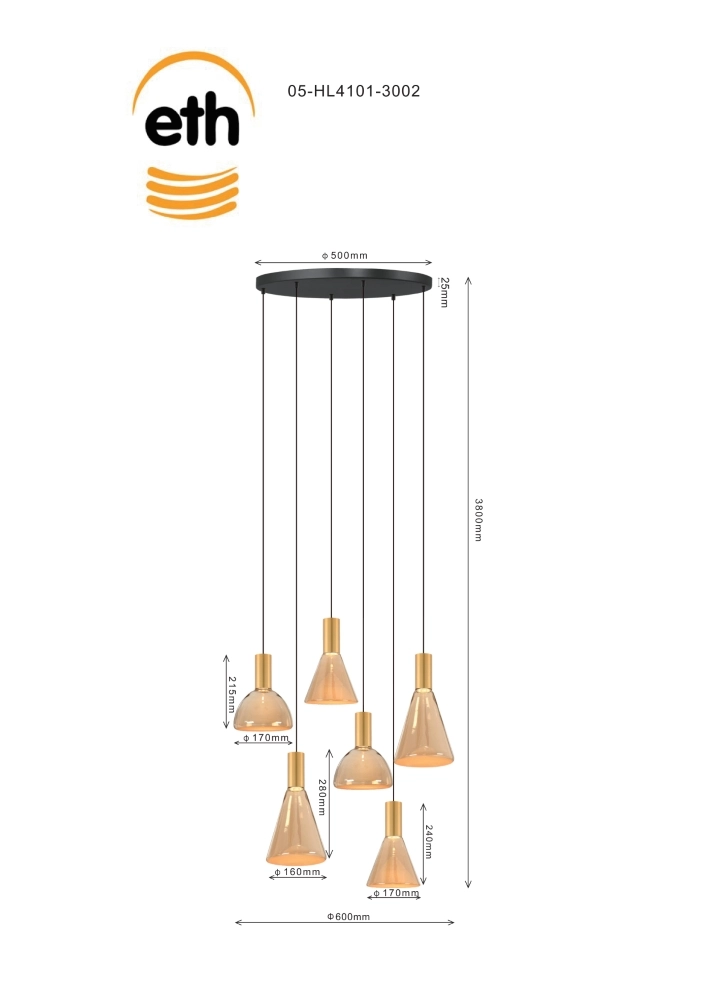 6-light vide lamp Lisa Gold with amber glass ETH 8720195310204