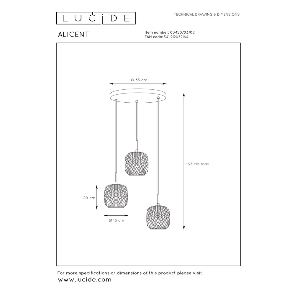 Sleek pendant lamp Alicent Gold 3-light Lucide 5411212032164