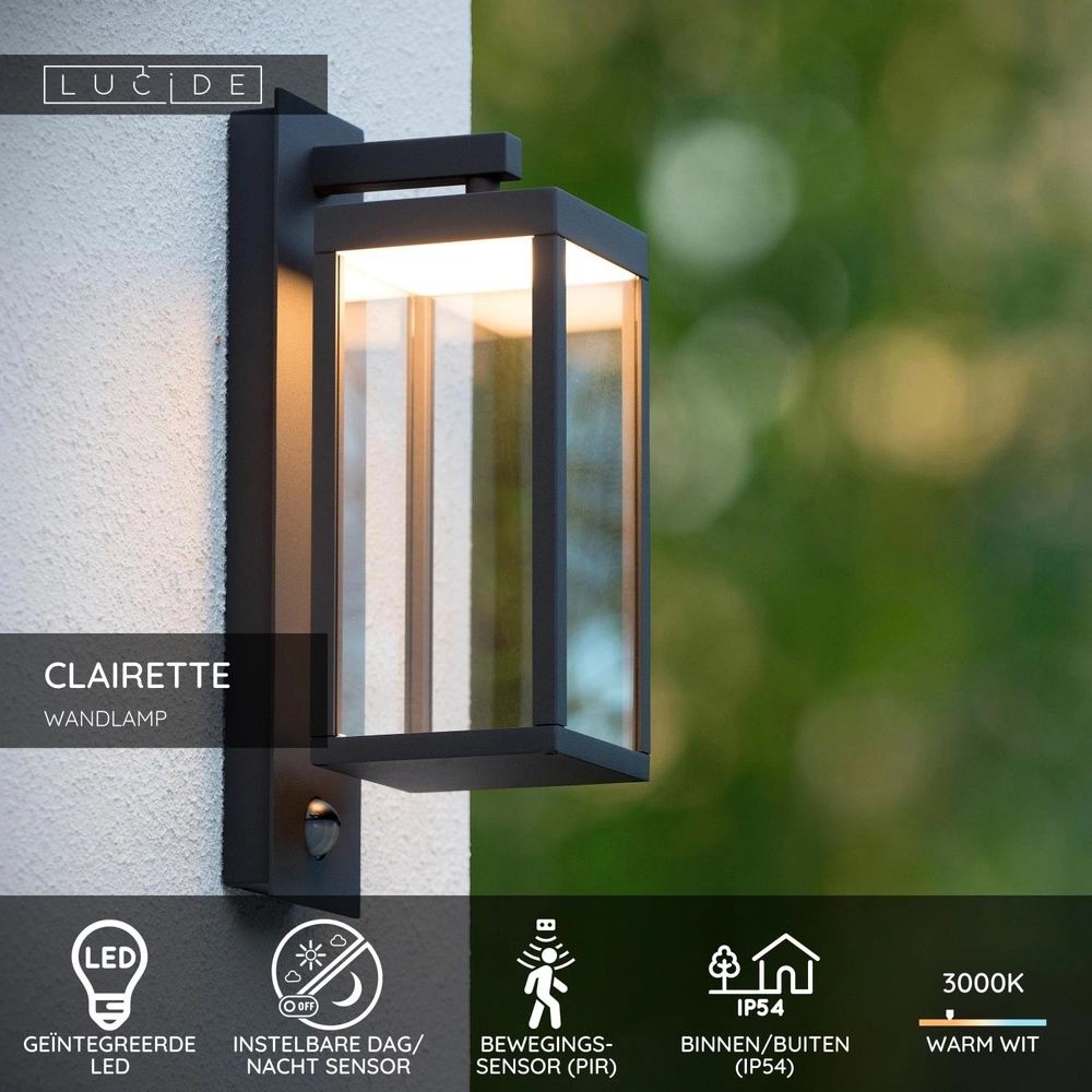 Desing wall lamp Clairette anthracite with motion sensor Lucide 5411212281104