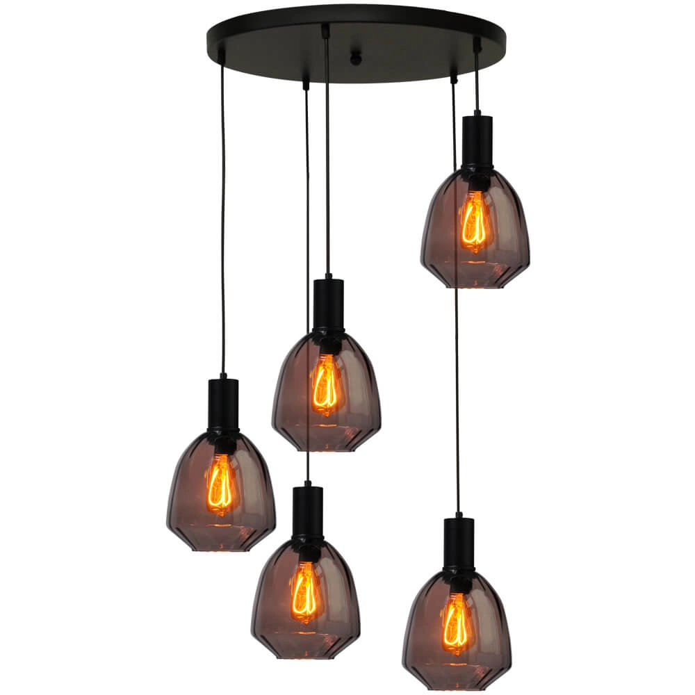 5-light loft hanging lamp - black - Porto with Nicolette red glasses