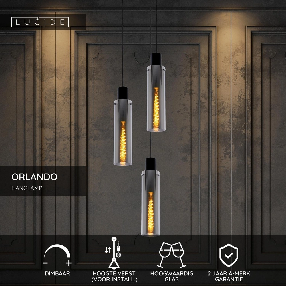 3-light pendant lamp Orlando smoke glass Lucide 5411212740731