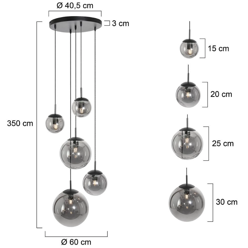 5-light loft hanging lamp Bolique black with smoke glass Steinhauer 8712746133363