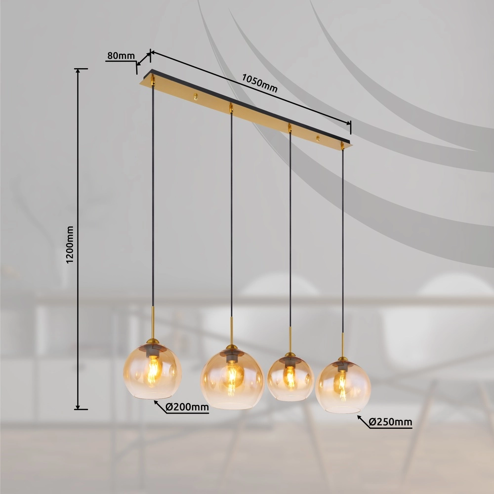 Golden pendant lamp Jamessa 4-light with amber glass Globo 9007371432691