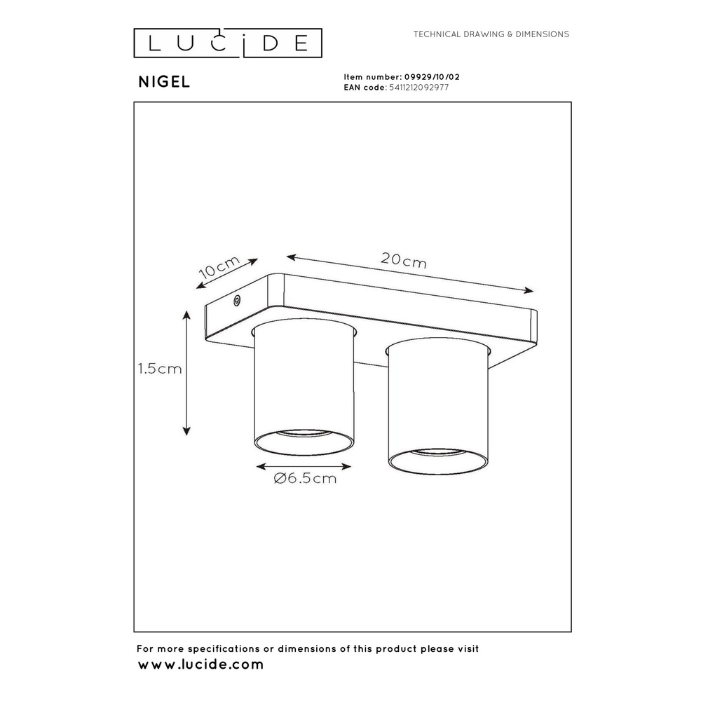 Ceiling spotlight Nigel 2-light gold Lucide 5411212092977