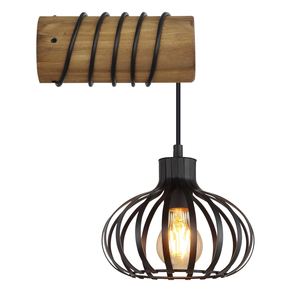 Country wall lamp Caldwell black with wood Globo 9007371592586