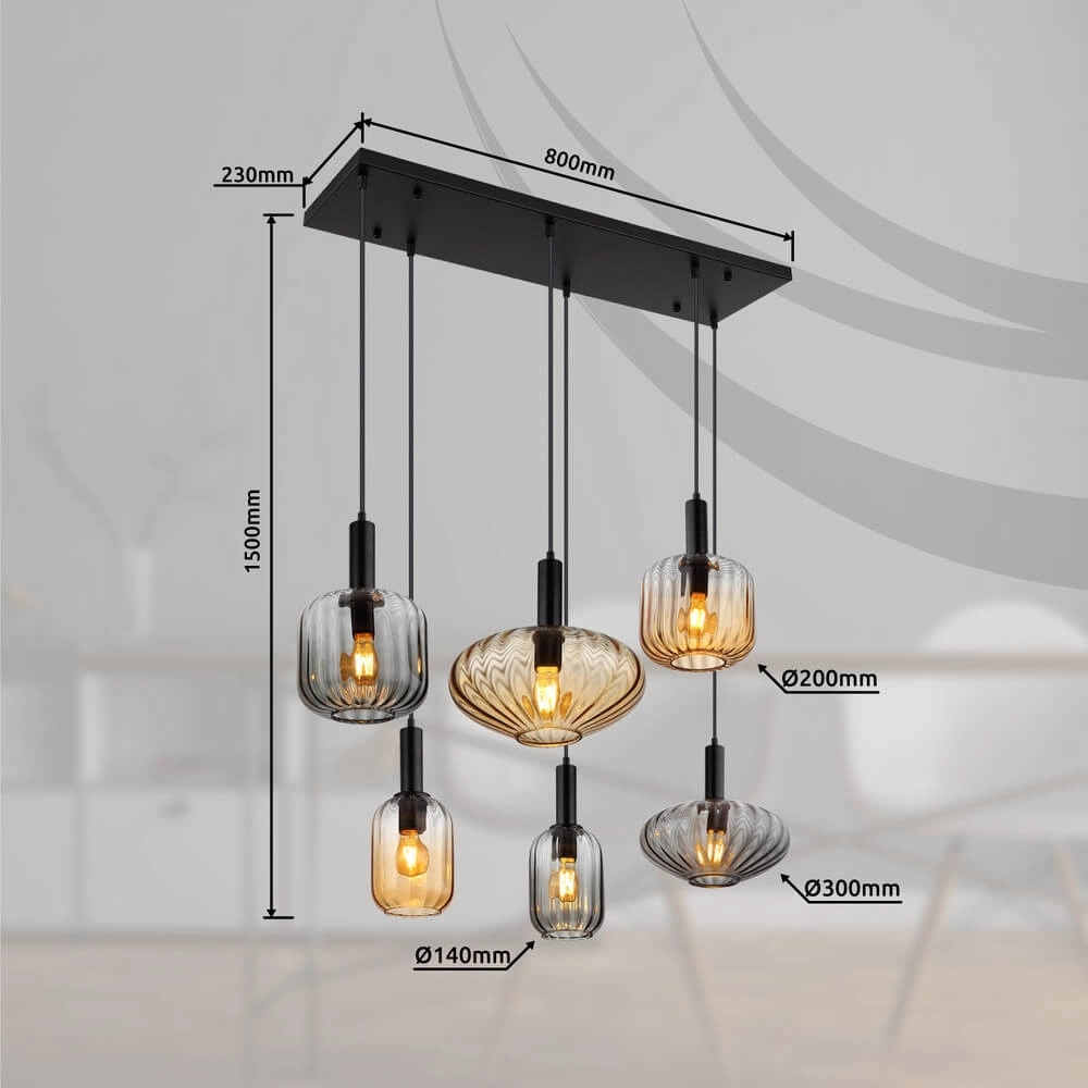 Pendant lamp Valletta with coloured glass 6-lights Globo 9007371458868
