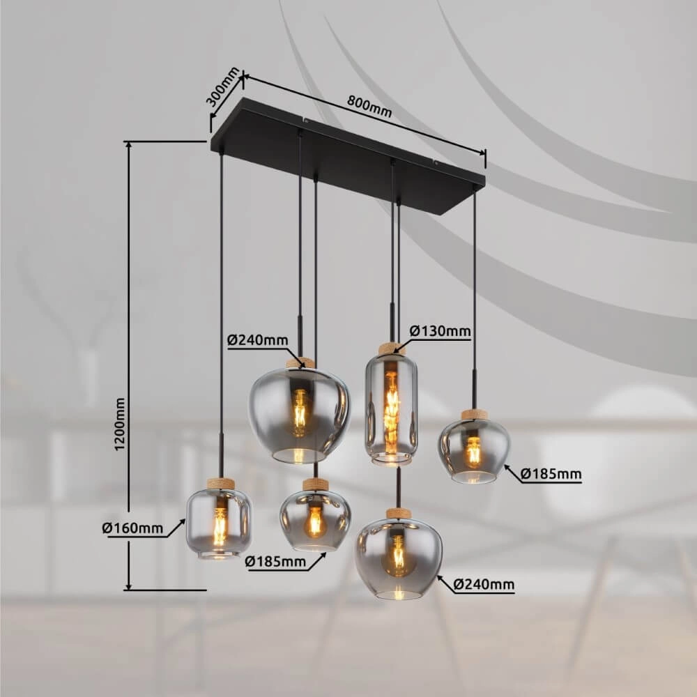6-light pendant lamp Matt black with wood Globo 9007371441518
