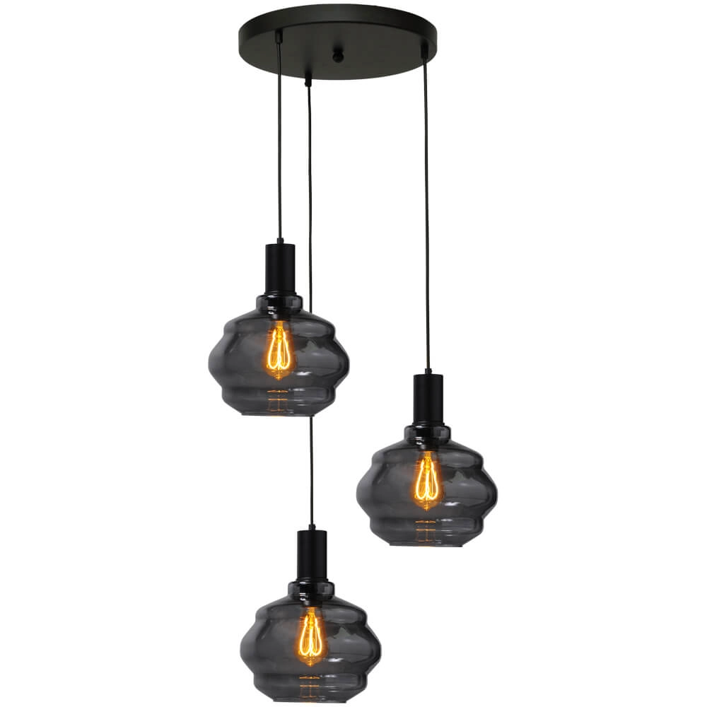 3-light loft hanging lamp - black - Porto with Ball smoke glasses - Ø 24cm