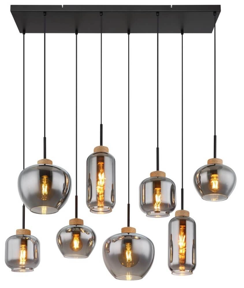 8-light pendant lamp Matt black with wood Globo 9007371444519