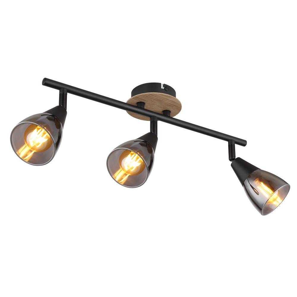 3-light ceiling lamp Mubby black with wood look