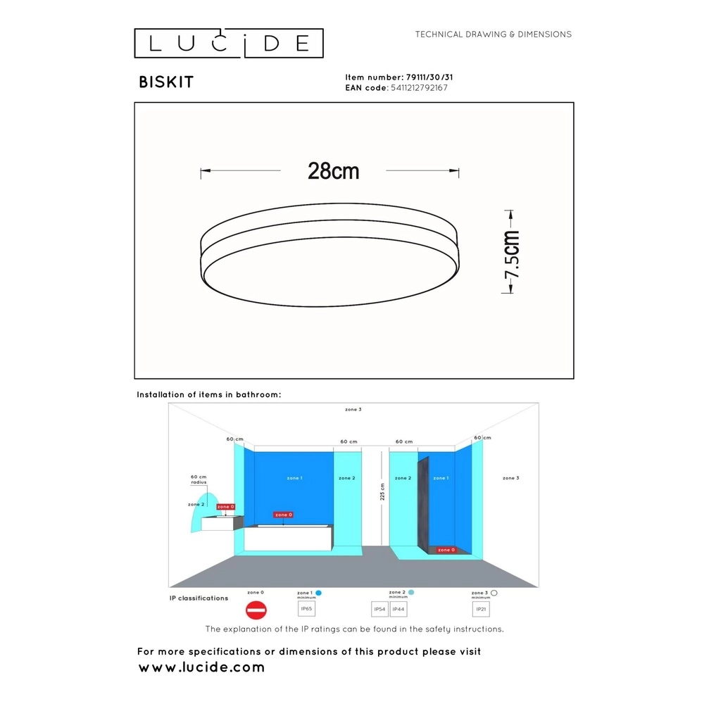 Ceiling light Biskit Ø 28cm - IP44 white Lucide 5411212792167