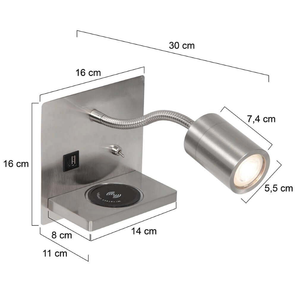 Bed lamp stainless steel Upround With charger and USB Steinhauer 8712746170443