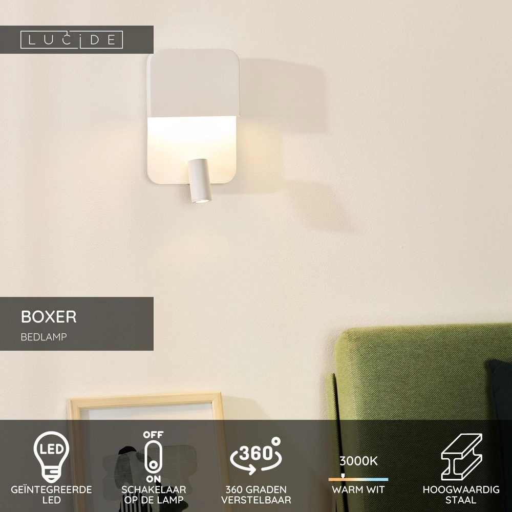 Bedside lamp Boxer white with USB charging point Lucide 5411212791542