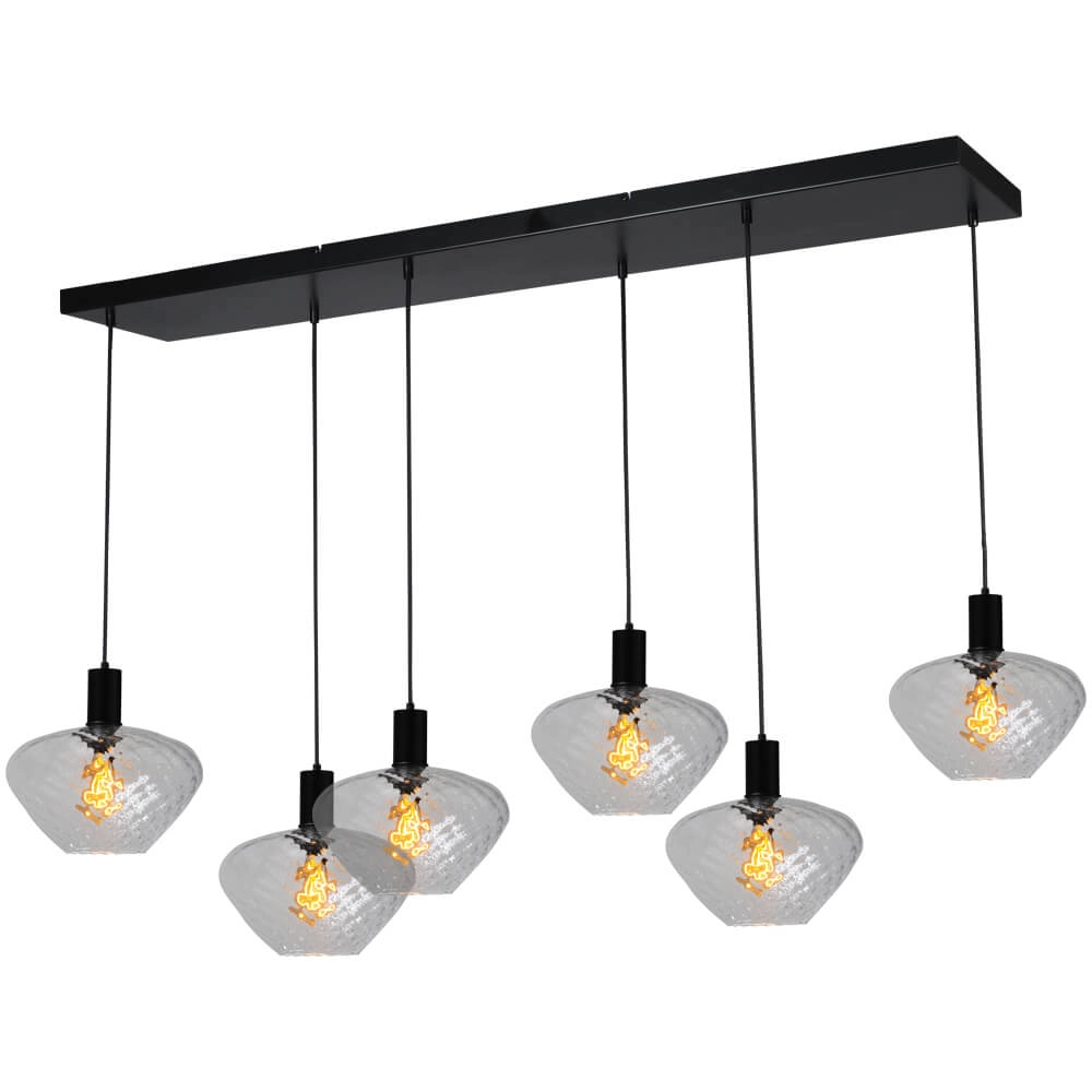 6-light hanging lamp - black - Porto with Blossom clear lenses