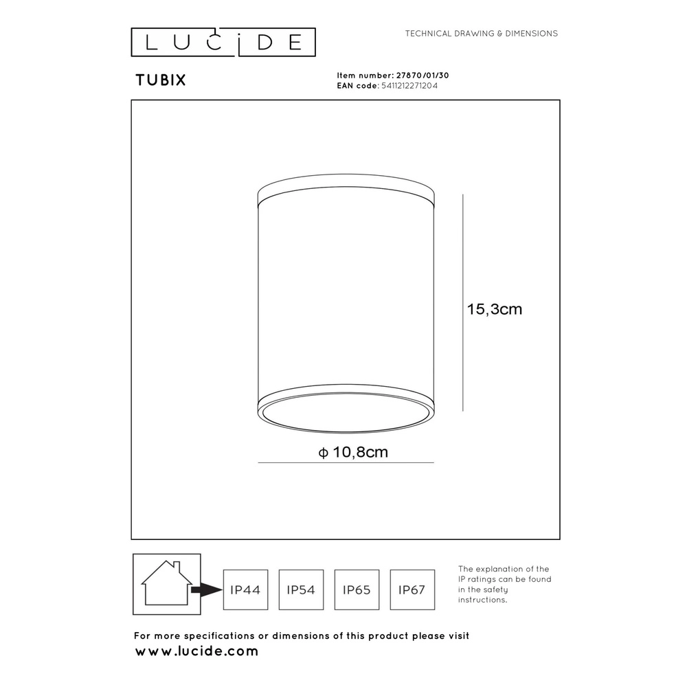 Ceiling spotlight Tubix IP54 black Lucide 5411212271204