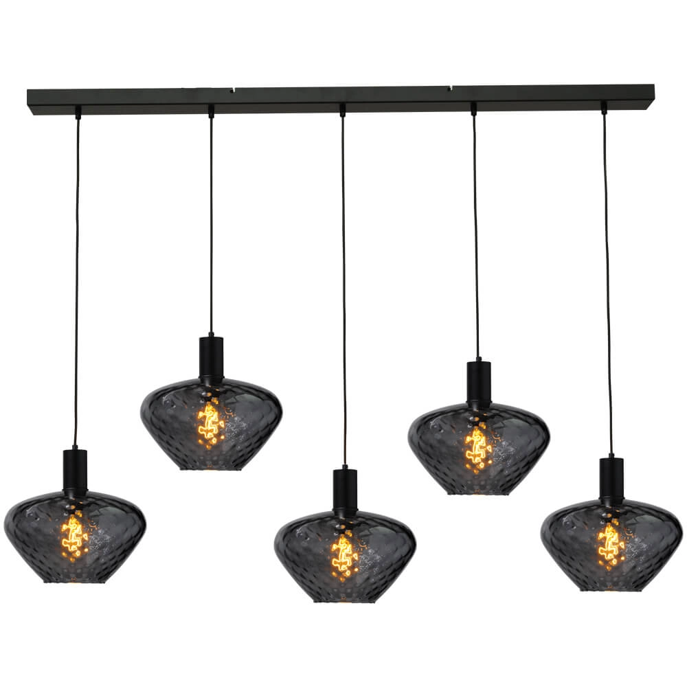 5-light hanging lamp - black - Porto with Blossom smoke glasses