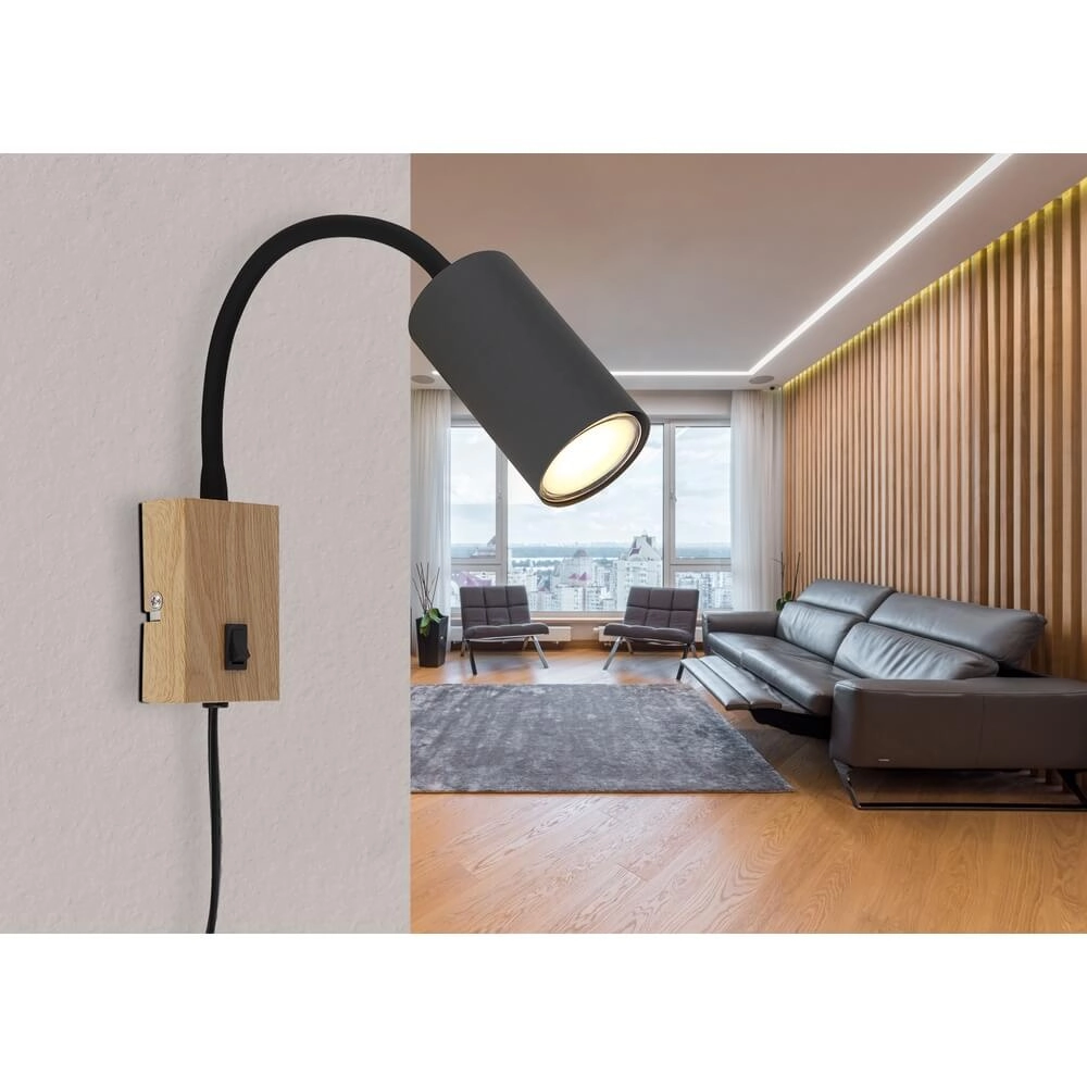 Black wall lamp Robby with wood Globo 9007371430574