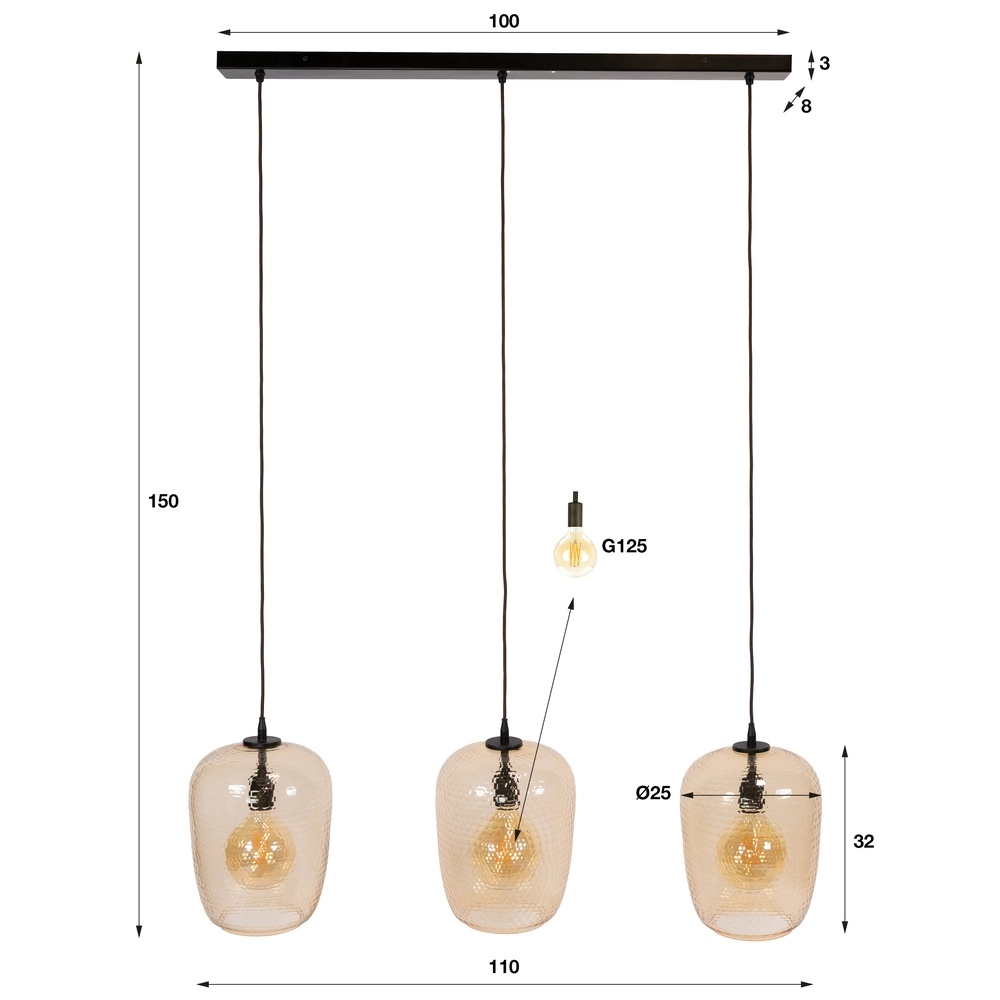 3-lichts hanglamp Python amber glas Lyora 8716803514997
