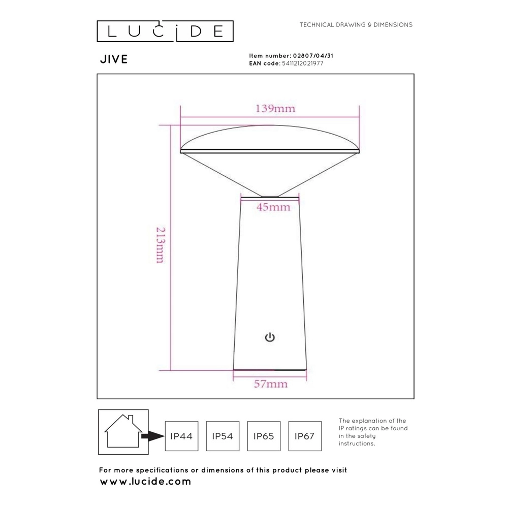 Rechargeable table lamp Jive IP44 white light color adjustable Lucide 5411212021977