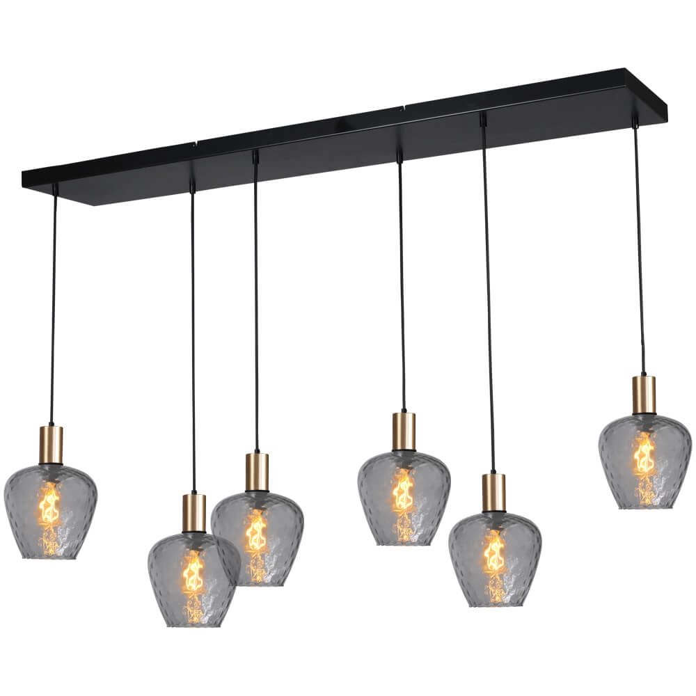 6-light hanging lamp - gold - Porto with Diamond smoke glasses