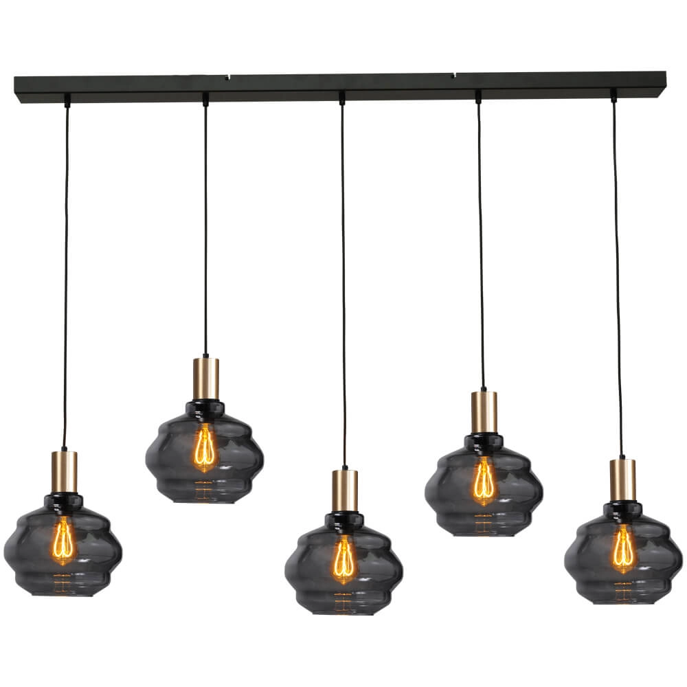 5-light hanging lamp - gold - Porto with Ball smoke glasses - Ø 24cm