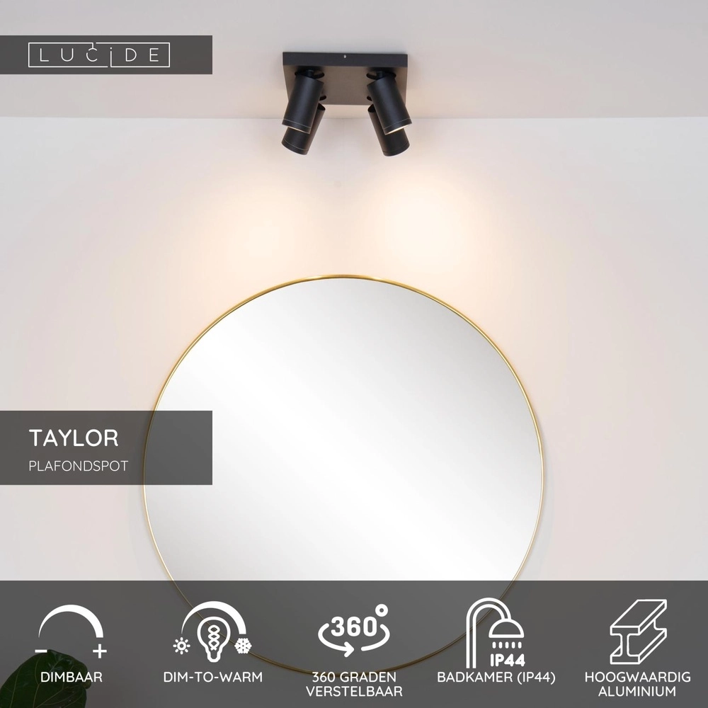 Ceiling spotlight Taylor IP44 4-light black Lucide 5411212092670