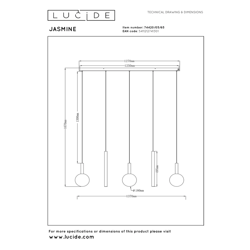 Design pendant lamp Jasmine copper 5-lights Premium by Lucide 5411212741301