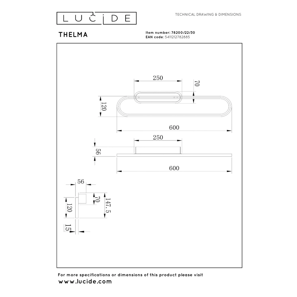 Design wall lamp Thelma oval 60cm Lucide 5411212782885