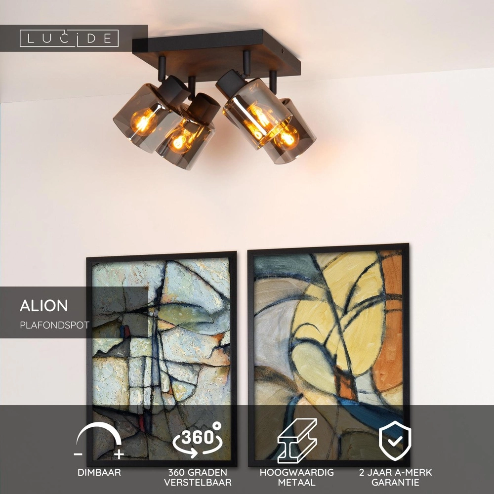 Ceiling lamp Alion 4-light black with smoke glass Lucide 5411212177018
