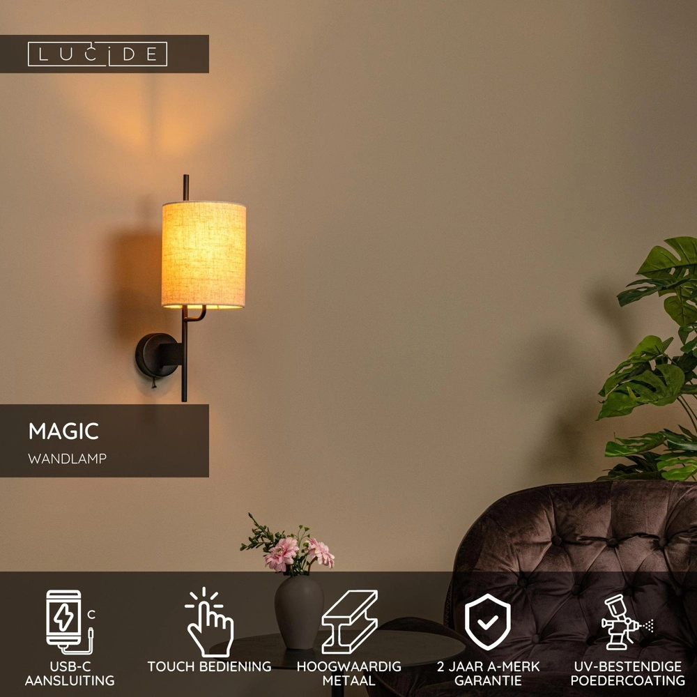 Wall lamp Magic black with USB charging point Lucide 5411212680051