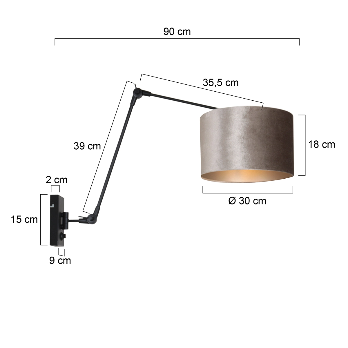 Wall Reading Lamp Prestige Chic black with 30cm taupe velvet shade Steinhauer 8712746145922
