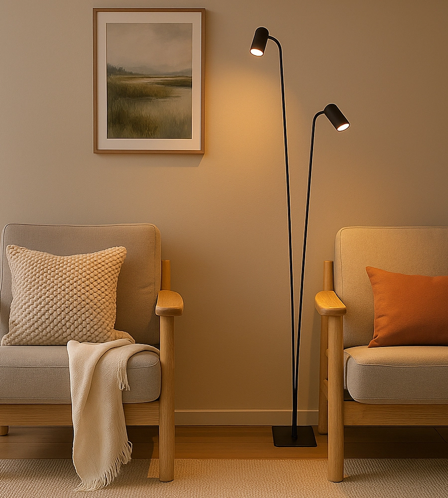 Black reading lamp at chair and sofa