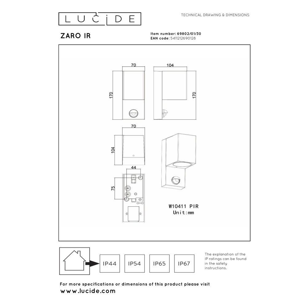Design wall spot Zaro Single black with sensor Lucide 5411212690128