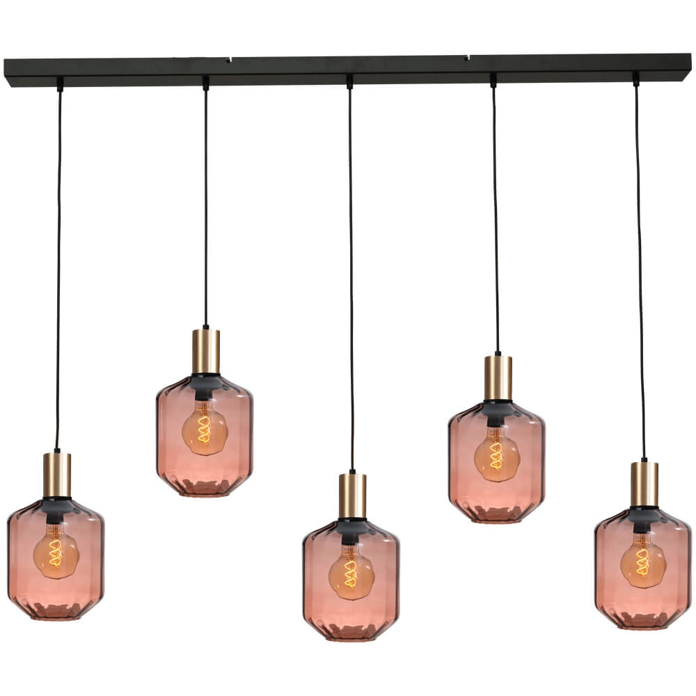 5-light hanging lamp - gold - Porto with Jagger red glasses - Ø 24cm