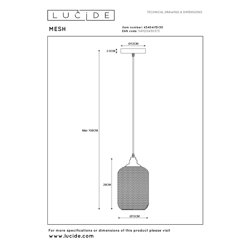 Mesh pendant lamp Mesh Ø 15cm black Lucide 5411212430373