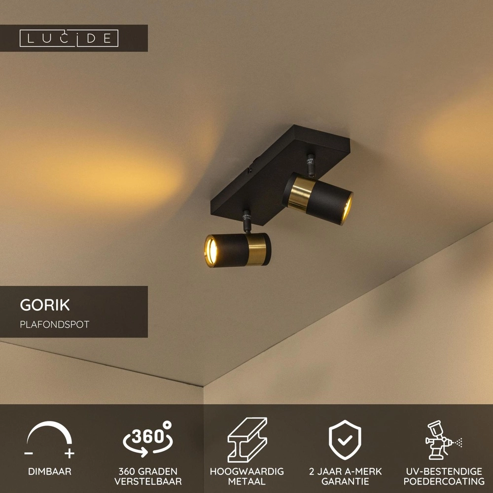 Ceiling lamp Gorik 2-light black with gold Lucide 5411212530981