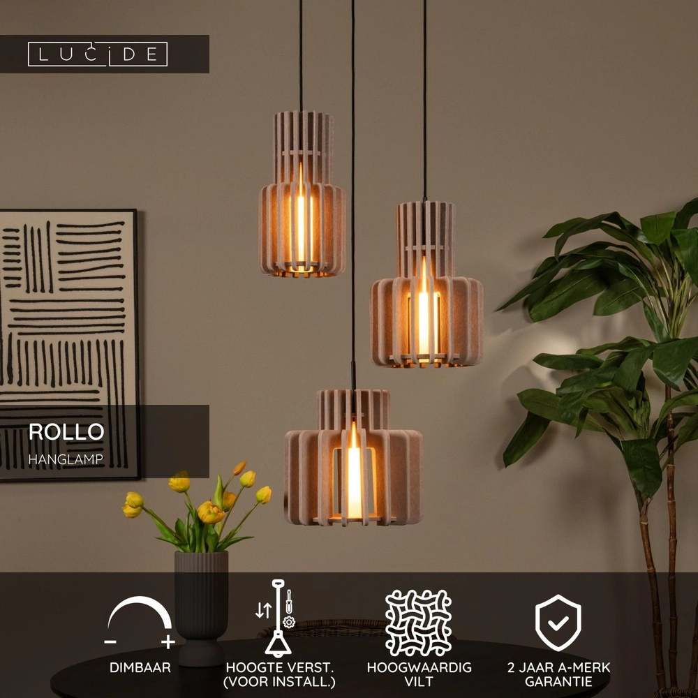 Design pendant lamp Rollo 3-light sand brown Lucide 5411212452801