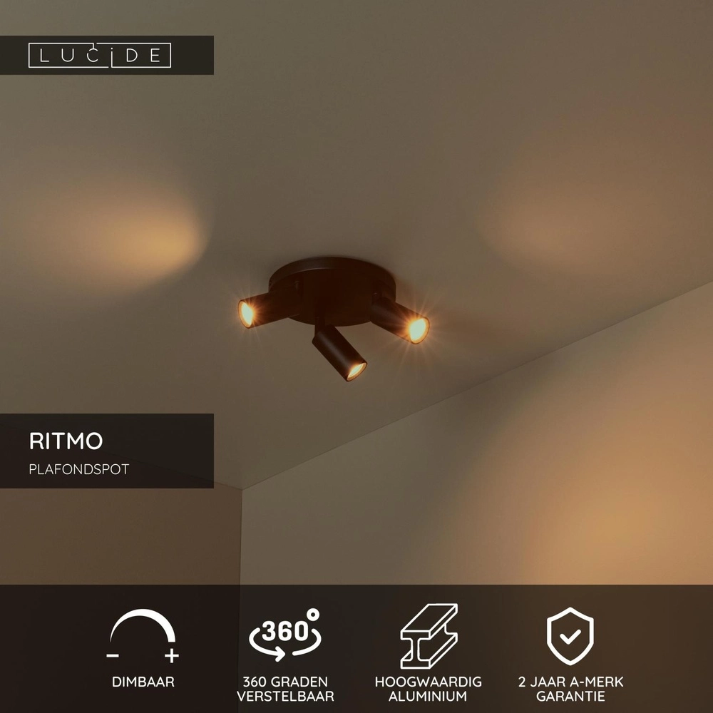 Ceiling spotlight Ritmo mini GU10 3-light black Lucide 5411212094001
