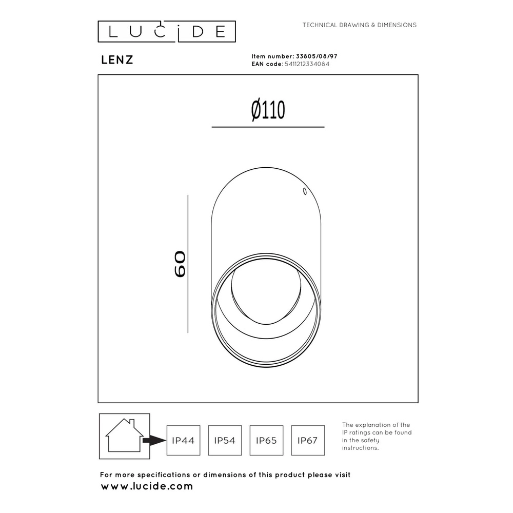Ceiling spotlight Lenz Ø 11cm rust brown IP54 Lucide 5411212334084