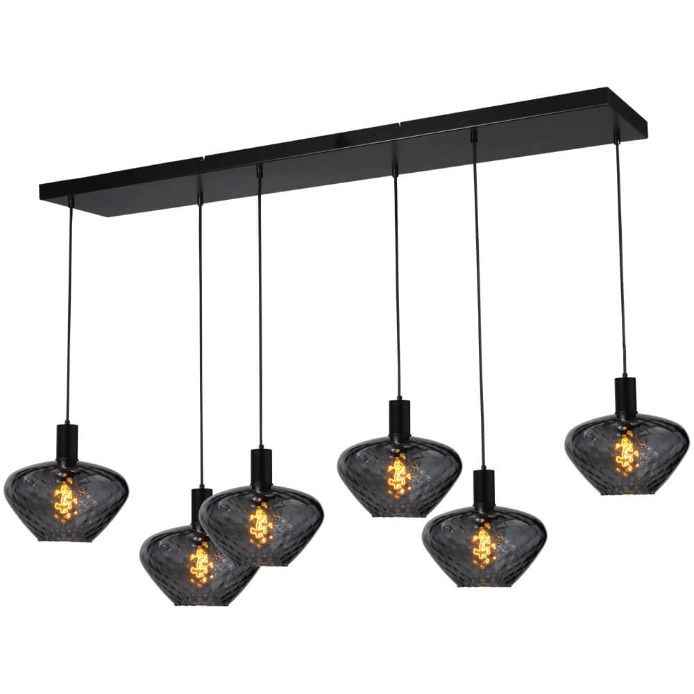 6-light hanging lamp - black - Porto with Blossom smoke glasses