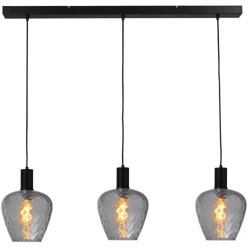 3-light hanging lamp - black - Porto with Diamond smoke glasses