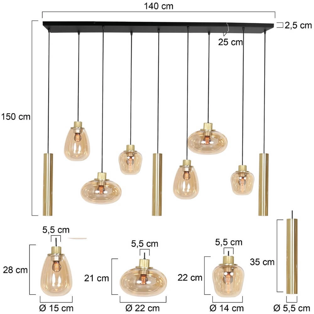 Dining table hanging lamp Reflexion gold with amber glass Steinhauer 8712746172966