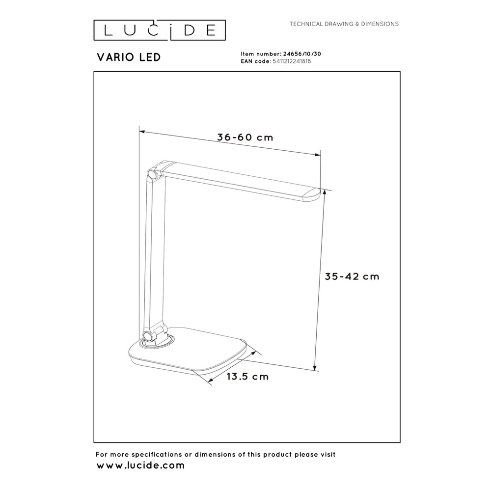 Desk lamp Vario Led Black Lucide 5411212241818