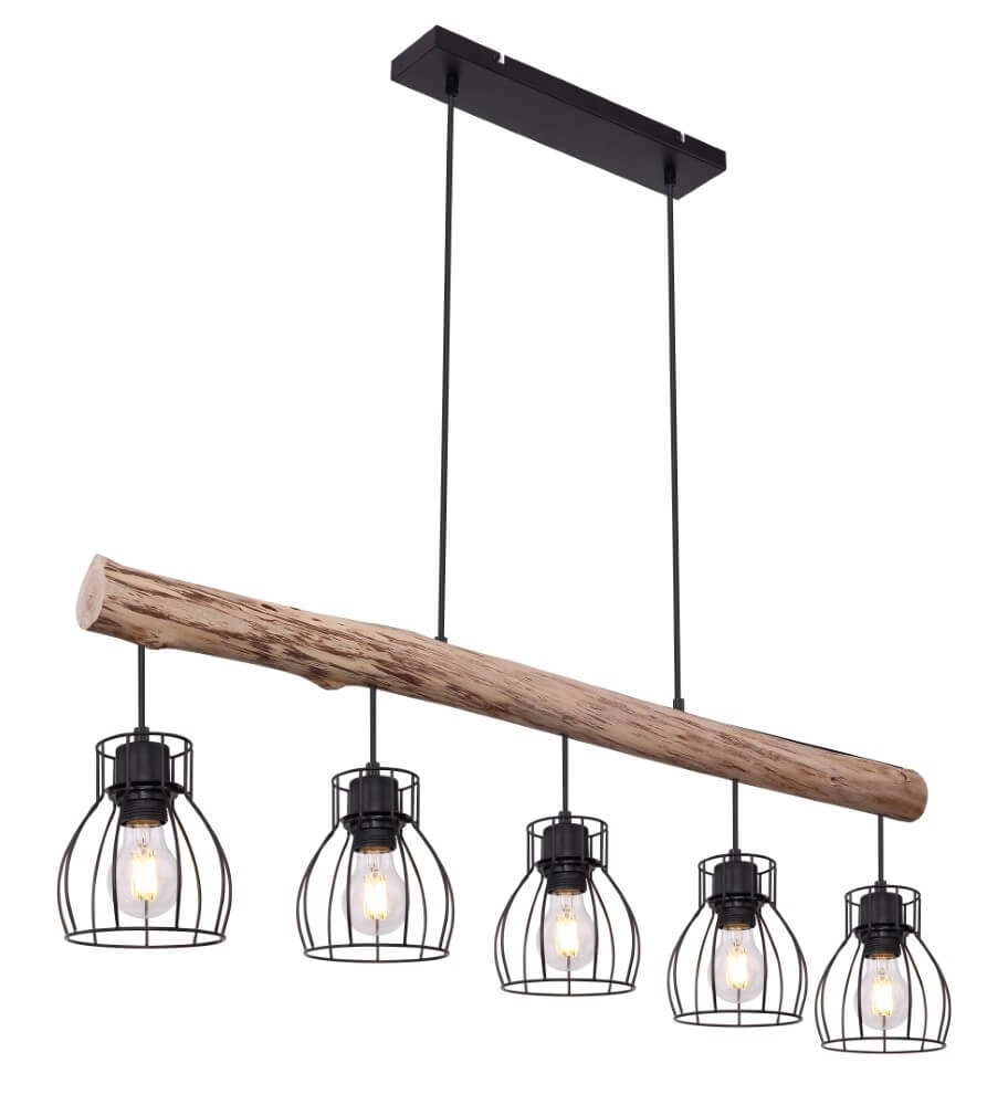 Pendant lamp Mina black with wood 5-lights