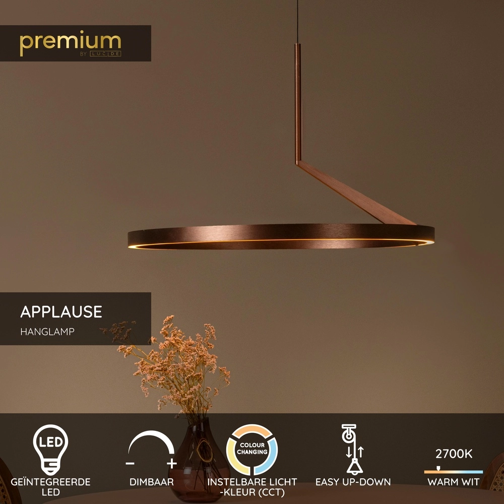 Sleek LED pendant light Applause copper red - Ø 60cm Premium by Lucide 5411212221834